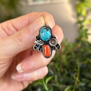 Vintage Native American Sterling Silver Pendant with Turquoise and Red Coral